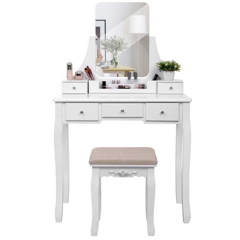 White Wood Dressing Table Set with Mirror