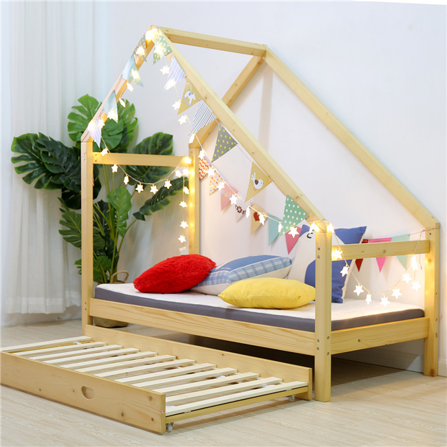 Kids Wood House Bed with Trundle